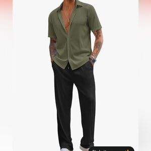 Olive Green Short Sleeve Shirt and Black Pants Set